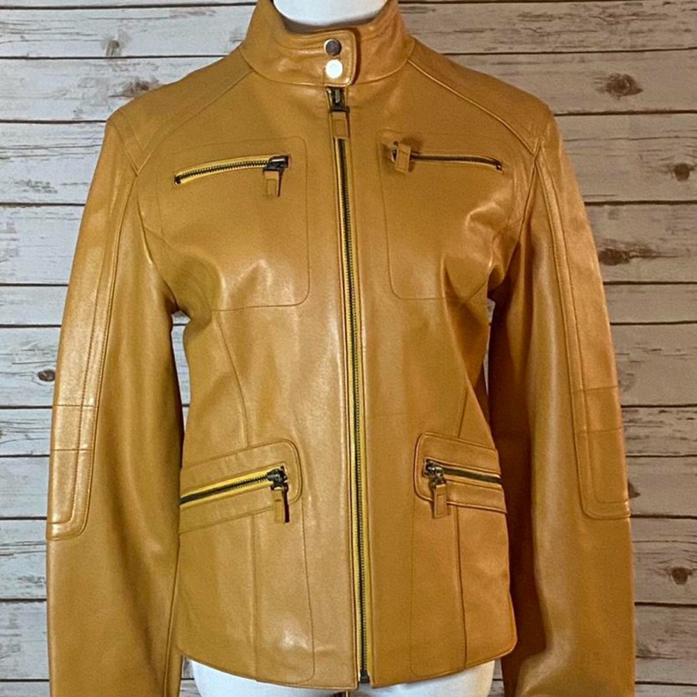 100% leather motorcycle jacket in burnt orange